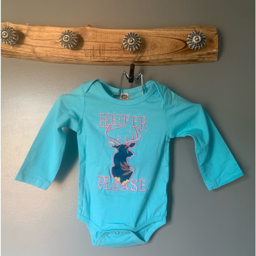 Heifer Please | Girls Bright Blue Stag Deer Baby Infant Long Sleeve Bodysuit
